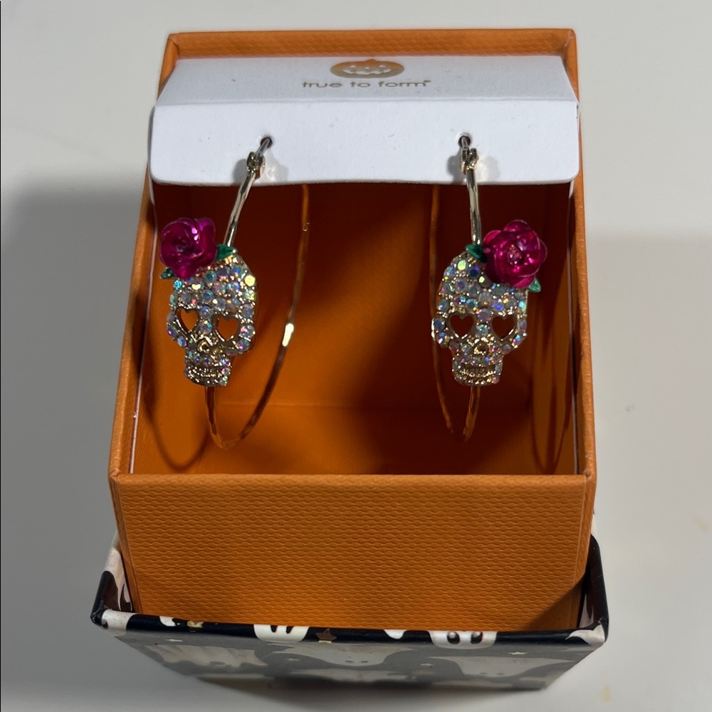 Tru to Form Gold Skull Hoop Earrings with Pink Rose
